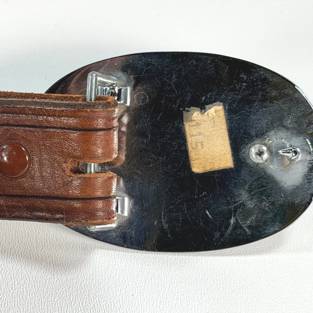 Vintage 1887 Morgan Dollar Oval Belt Buckle Stainless Brown Tooled Leather sz 34